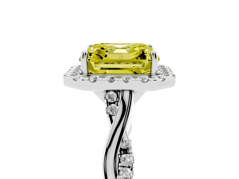 Asscher Cut Halo Engagement Ring Setting for a Fancy Yellow Lab-Grown Diamond | Pavé Twist Band | Sterling Silver