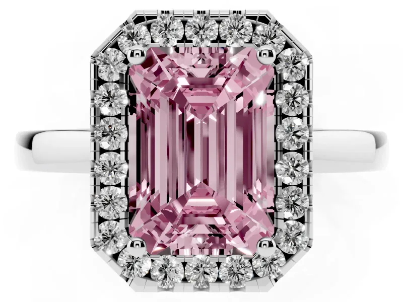 Emerald Cut Thin Halo Engagement Ring Setting for a Fancy Pink Lab-Grown Diamond | Plain Polished Band | Platinum