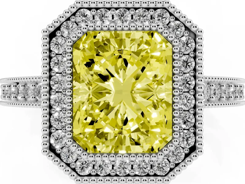 Fancy Yellow Radiant Cut Diamond Halo Engagement Ring Set in Platinum with Pavé Band and Round Halo Stones
