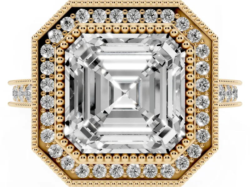 Asscher Cut Vintage Milgrain Halo Engagement Ring Setting | Bezel Head | Yellow Gold