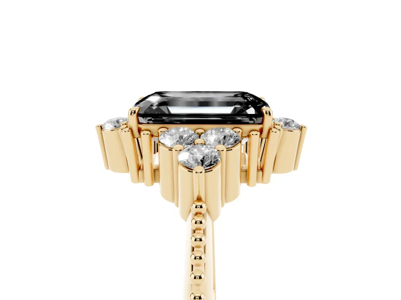 Emerald Cut Vintage Cluster Engagement Ring Setting for a Black Center | Beaded Edges | Yellow Gold