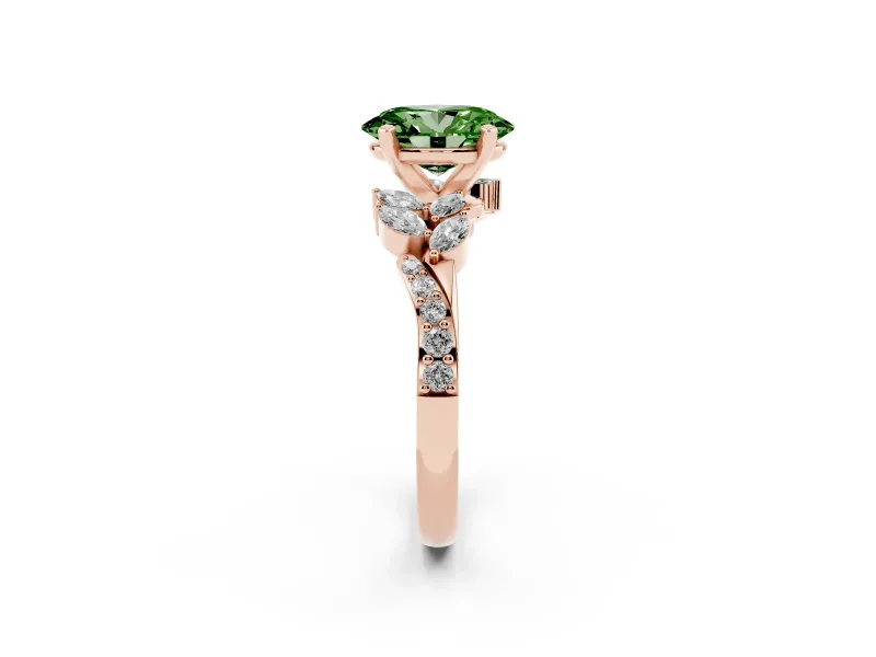 Fancy Green Oval Cut Diamond Solitaire Ring Set in Rose gold with Marquise Twist Band and Prong Setting