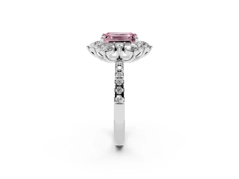 Fancy Pink Emerald Cut Diamond Floral Halo Ring Set in White gold with Round Pavé Band and Prong Setting