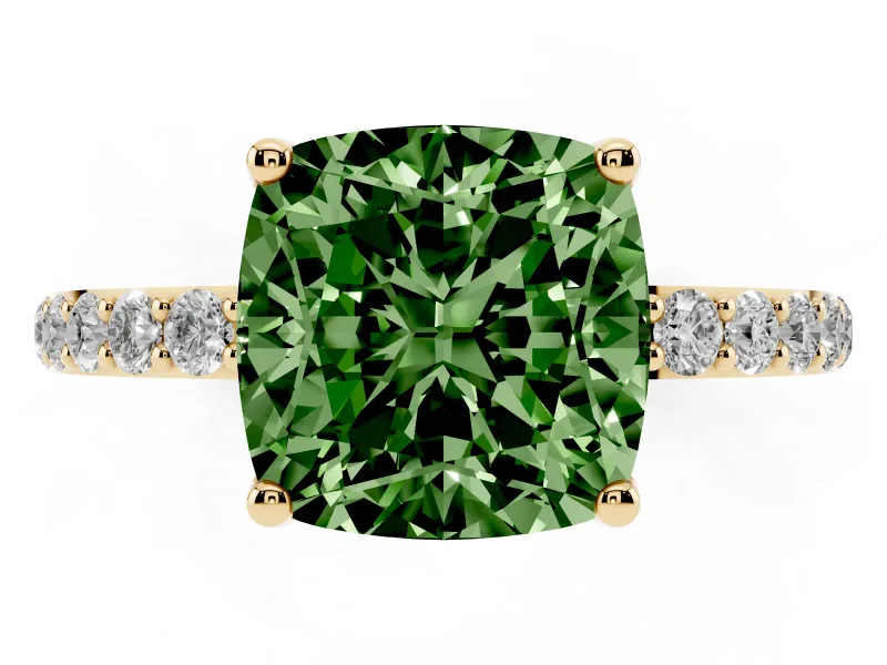 Cushion Cut Pave Solitaire Engagement Ring Setting for a Fancy Green Lab-Grown Diamond | Slim Band | Yellow Gold