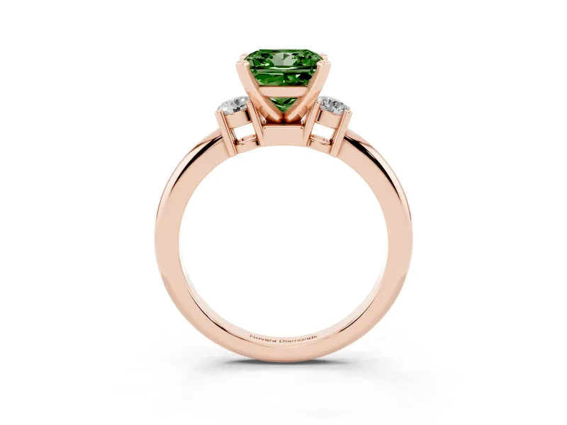 Princess Cut Three Stone Engagement Ring Setting for a Fancy Green Lab-Grown Diamond | Round Side Stones | Rose Gold