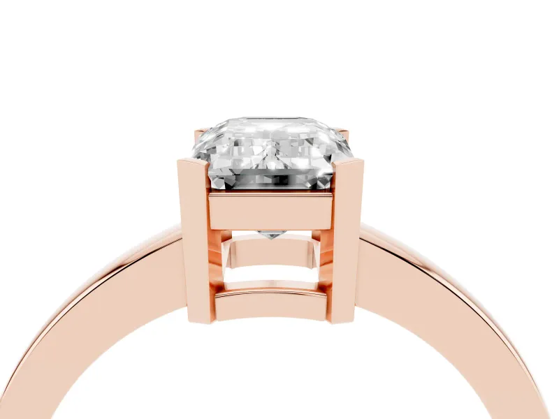 Emerald Cut Diamond Solitaire Ring Set in Rose gold with Prong Head and Smooth Polished Band