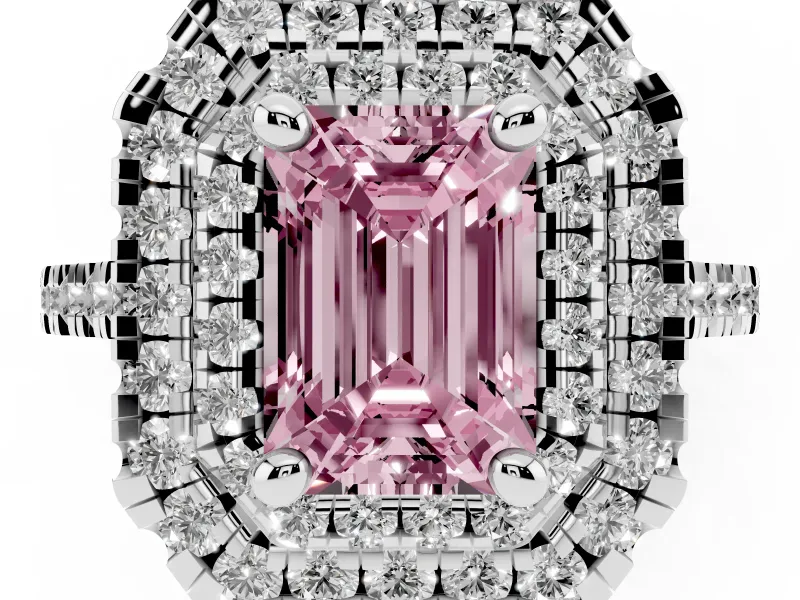 Fancy Pink Emerald Cut Diamond Double Halo Statement Ring Set in White gold with Pavé Band