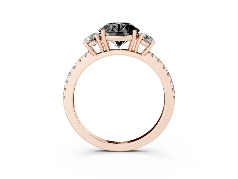 Fancy Black Round Cut Diamond Three-Stone Ring Set in Rose gold with Pavé Band and Graduated Sides