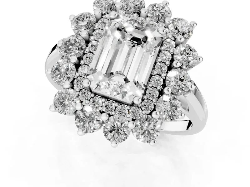 Emerald Cut Floral Double Halo Engagement Ring Setting | Plain Band | White Gold