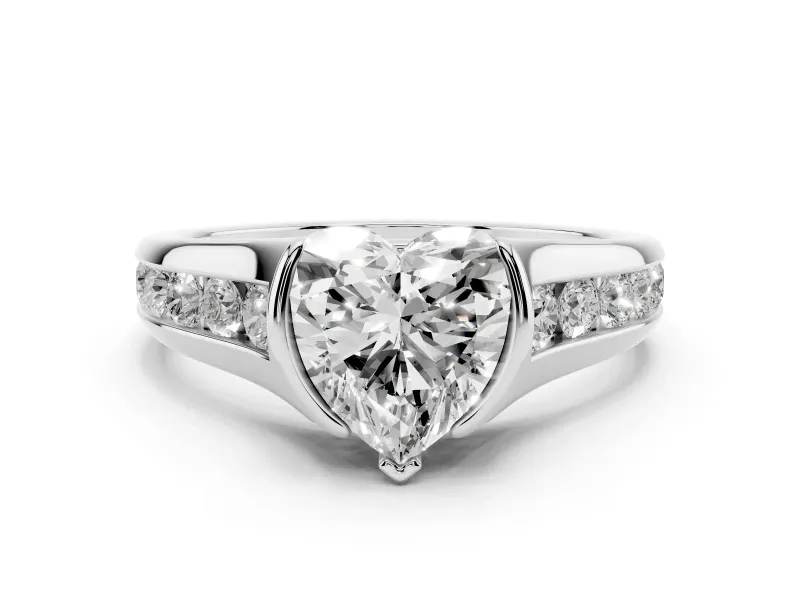 Heart Cut Diamond Bezel-Set Solitaire Ring Set in Silver with Channel-Set Band