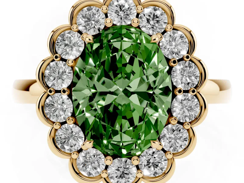 Oval Scalloped Cluster Halo Engagement Ring Setting for a Fancy Green Lab-Grown Diamond | Plain Band | Yellow Gold