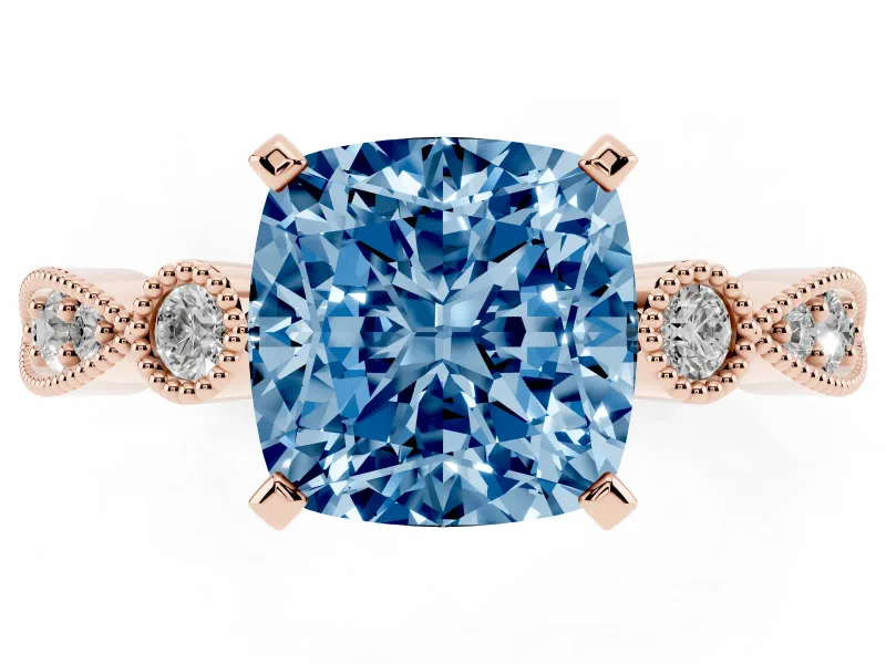 Fancy Blue Cushion Cut Diamond Solitaire Engagement Ring Set in Rose gold with Milgrain Bezel Accent Band