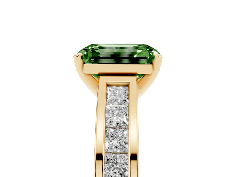 Fancy Green Emerald Cut Diamond Solitaire Ring Set in Yellow gold with Channel-Set Band and Prong Setting