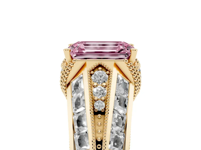 Emerald Cut Vintage Milgrain Engagement Ring Setting for a Fancy Pink Lab-Grown Diamond | Hidden Halo | Yellow Gold