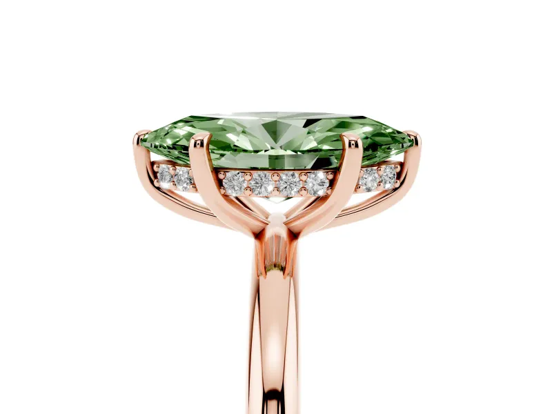 Fancy Green Marquise Cut Diamond Solitaire Ring Set in Rose gold with Thin Band and Prong Setting