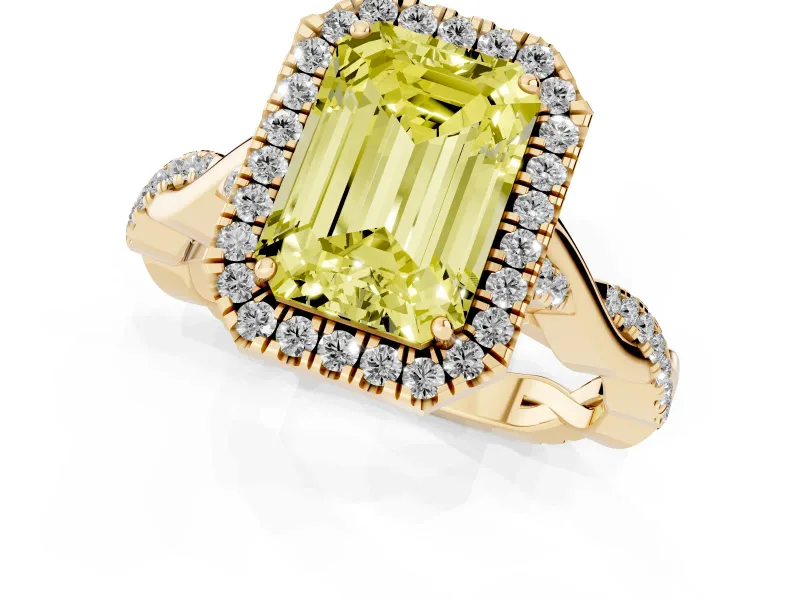 Emerald Cut Twist Halo Engagement Ring Setting for a Fancy Yellow Lab-Grown Diamond | Yellow Gold