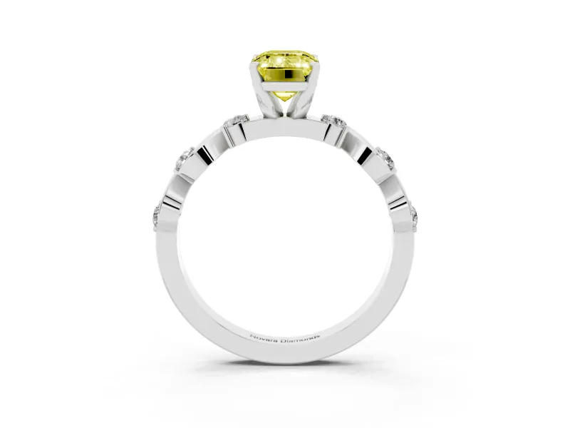 Fancy Yellow Emerald Cut Diamond Solitaire Ring Set in Silver with Ribbon Twist Band, Round Accents and Prong Setting