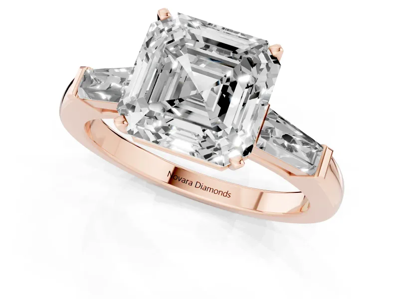 Asscher Cut Diamond Solitaire Ring Set in Rose gold with Tapered Baguette Side Stones and Prong Setting