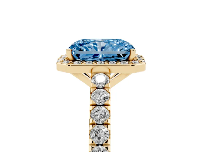 Fancy Blue Radiant Cut Diamond Halo Engagement Ring Set in Yellow gold with Pavé Band and Prong Setting