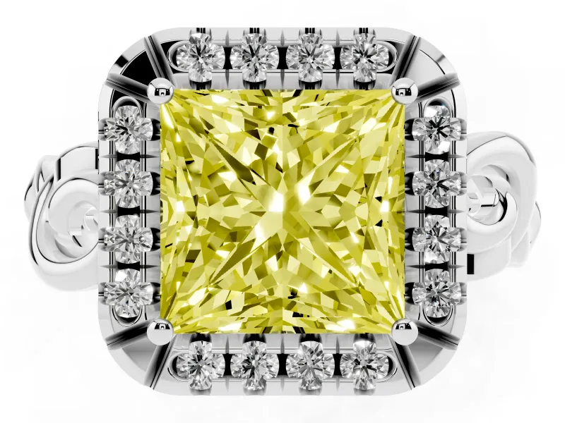 Fancy Yellow Princess Cut Diamond Halo Ring Set in Platinum with Scrollwork Band and Prong Setting