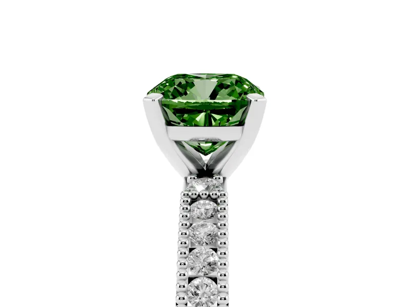 Fancy Green Cushion Cut Diamond Solitaire Ring Set in Platinum with Slim Pavé Band and Prong Setting