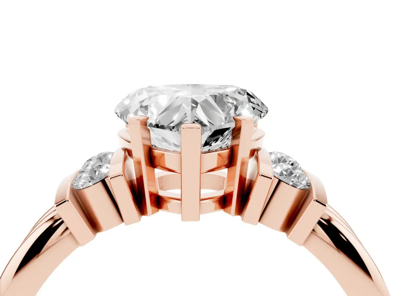 Heart-Shaped Bar-Set Accent Engagement Ring Setting | Grooved Band | Rose Gold