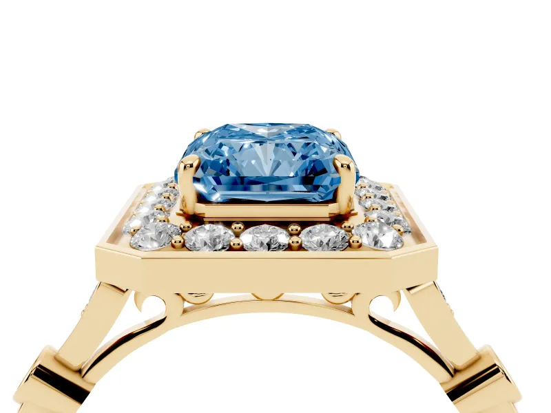 Radiant Cut Halo Engagement Ring Setting for a Fancy Blue Lab-Grown Diamond | Bezel Station Shoulders | Yellow Gold