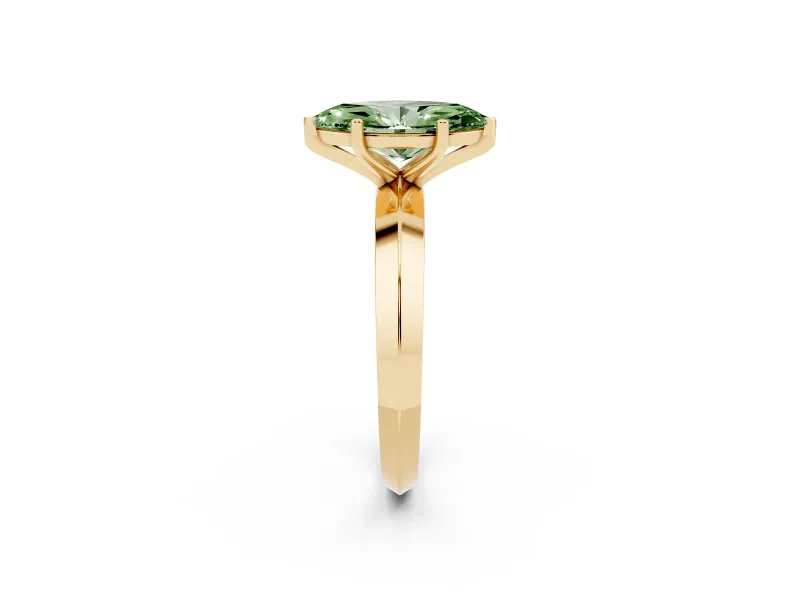 Fancy Green Marquise Cut Diamond Solitaire Engagement Ring Set in Yellow gold with Flat Band and Prong Setting