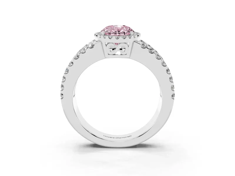 Fancy Pink Oval Cut Diamond Halo Ring Set in White gold with Pavé Split Shank and Prong Setting
