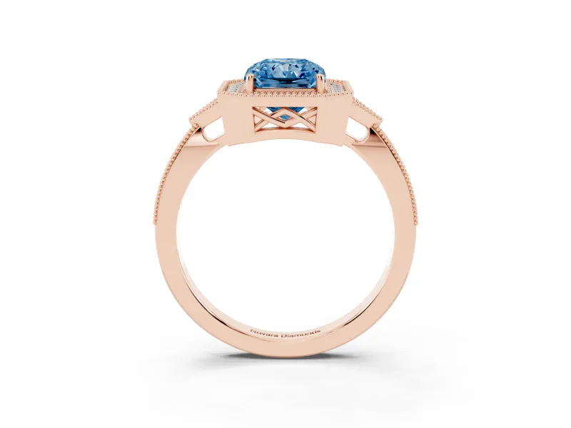 Radiant Cut Milgrain Halo Engagement Ring Setting for a Fancy Blue Lab-Grown Diamond | Graduated Pavé | Rose Gold