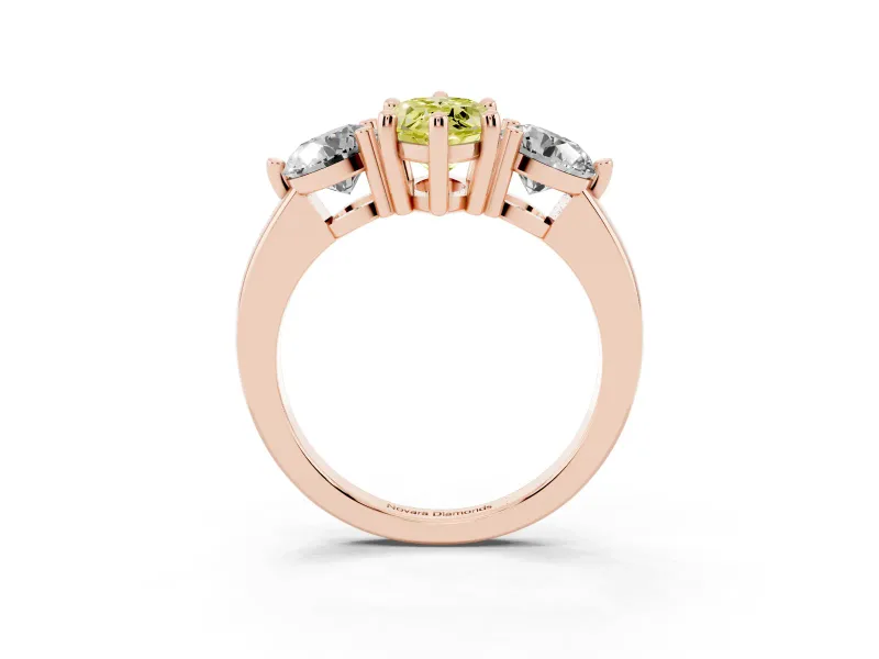 Fancy Yellow Marquise Cut Diamond Three-Stone Ring Set in Rose gold with Prong Setting and Classic Band