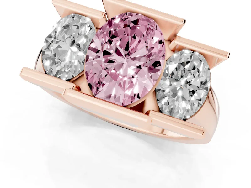 Fancy Pink Oval Cut Diamond Three-Stone Channel Set Ring Set in Rose gold with Smooth Polished Band