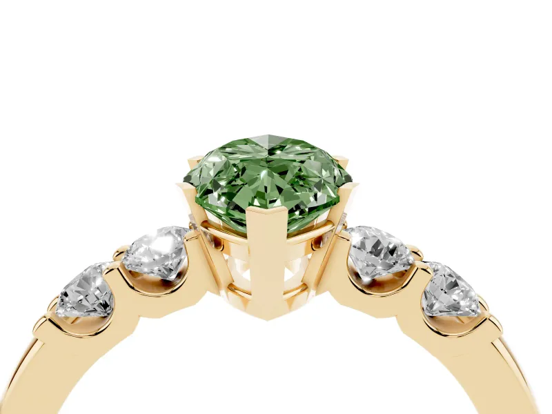 Fancy Green Marquise Cut Diamond Five-Stone Prong Set Engagement Ring Set in Yellow gold with Channel Band