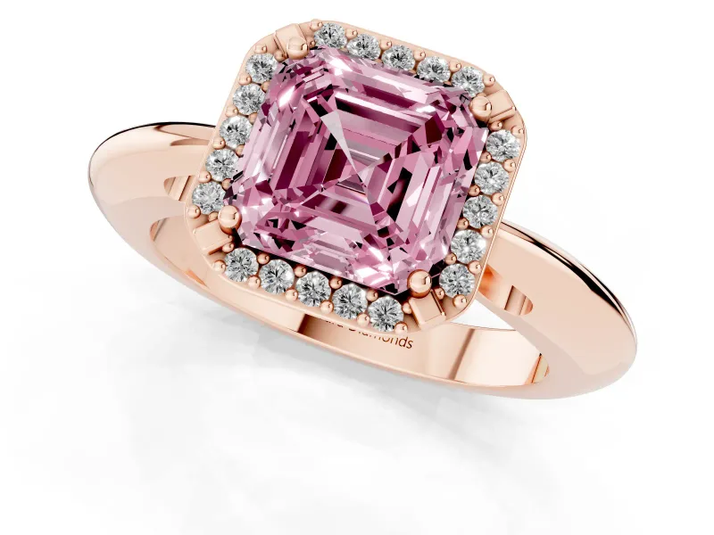 Fancy Pink Asscher Cut Diamond Halo Engagement Ring Set in Rose gold with Plain Split Shank and Prong Setting