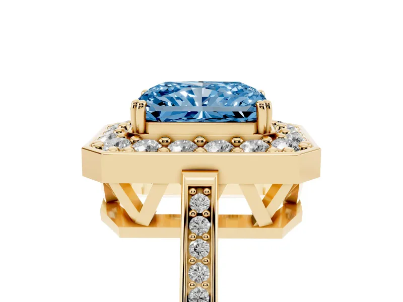 Radiant Cut Halo Engagement Ring Setting for a Fancy Blue Lab-Grown Diamond | Polished Halo Rim | Yellow Gold