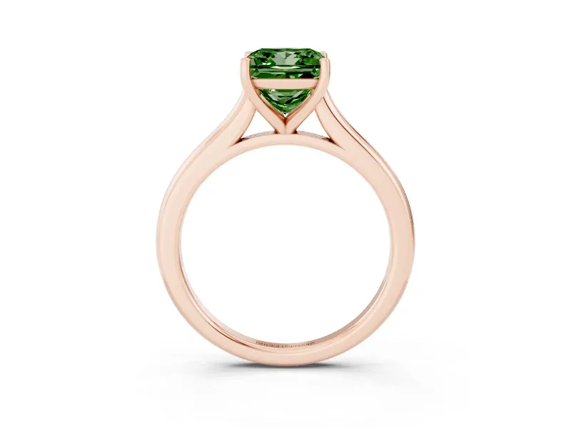 Fancy Green Princess Cut Diamond Solitaire Ring Set in Rose gold with Cathedral Band and Prong Setting