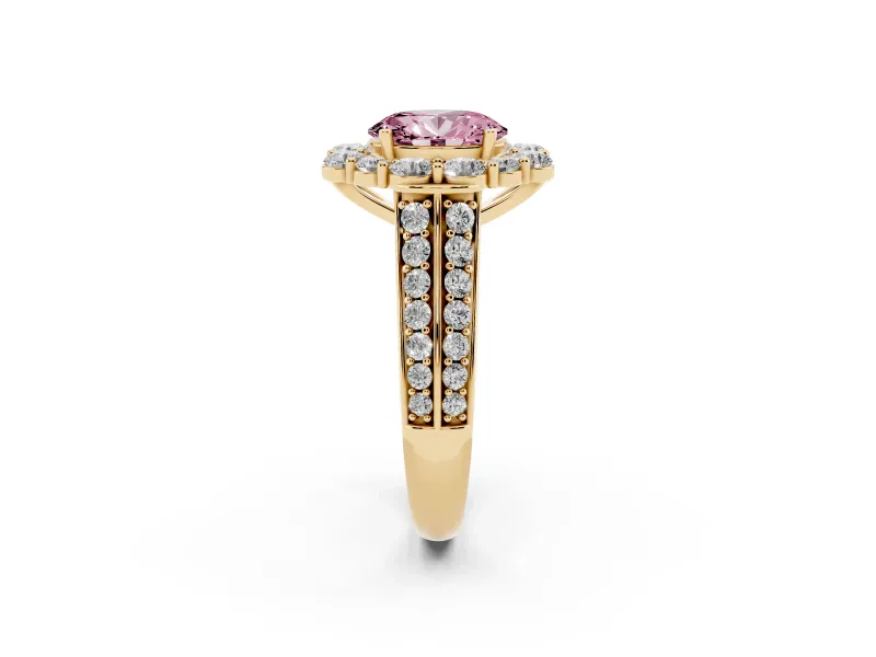 Fancy Pink Oval Cut Diamond Halo Engagement Ring Set in Yellow gold with Split Shank and Prong Setting