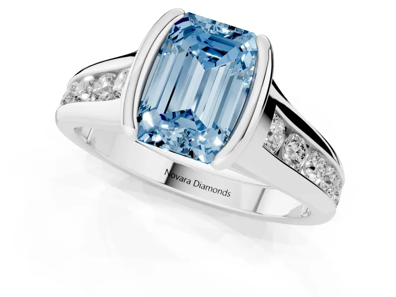 Emerald Cut Half Bezel Engagement Ring Setting for a Fancy Blue Lab-Grown Diamond | Sterling Silver