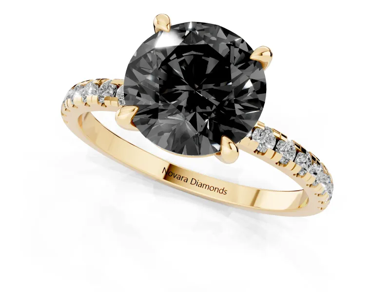 Fancy Black Round Cut Diamond Brilliant Solitaire Ring Set in Yellow gold with Pavé Band and Prong Setting