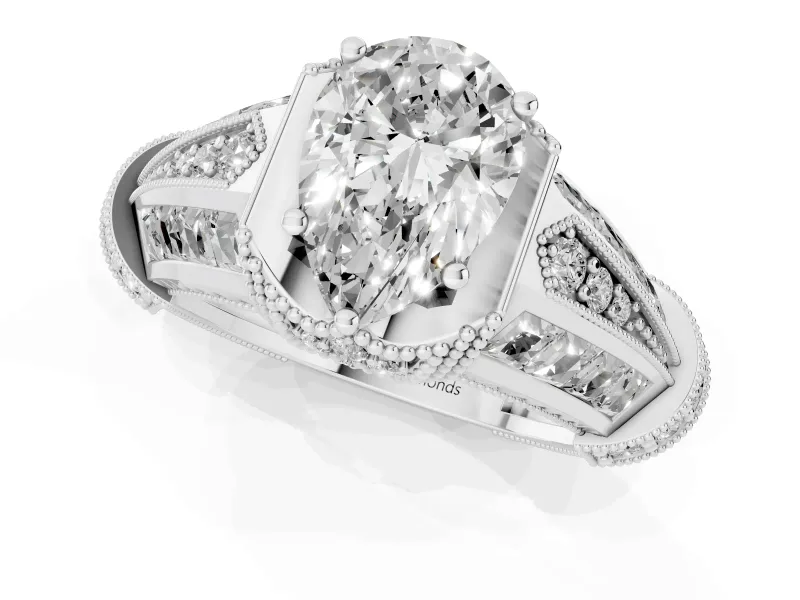 Pear Cut Diamond Vintage-Inspired Milgrain Ring Set in Silver with Accent Split Shank