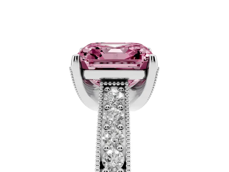 Asscher Cut Hidden Halo Engagement Ring Setting for a Fancy Pink Lab-Grown Diamond | Milgrain Pave | White Gold