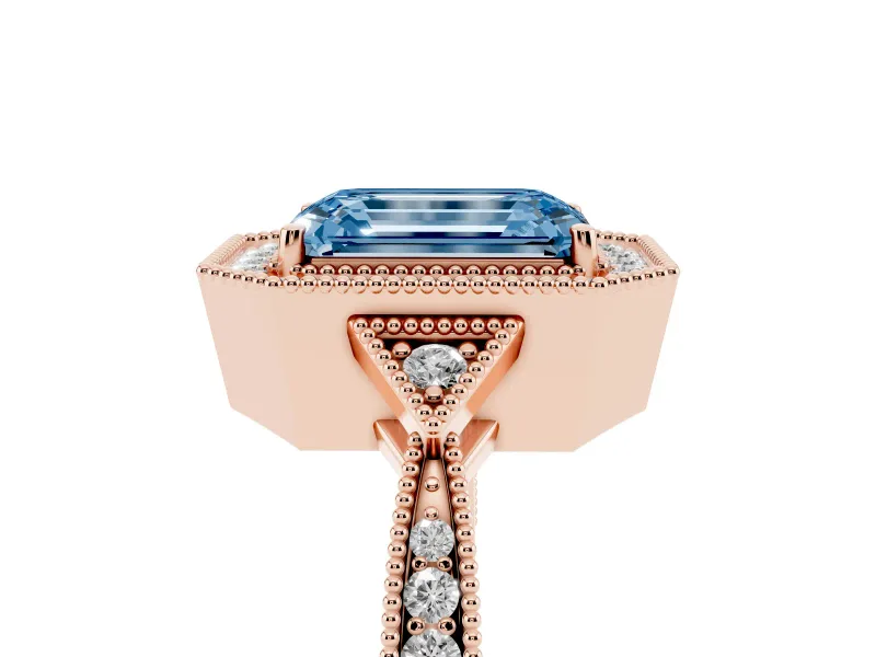 Emerald Cut Milgrain Halo Engagement Ring Setting for a Fancy Blue Lab-Grown Diamond | Graduated Pavé | Rose Gold