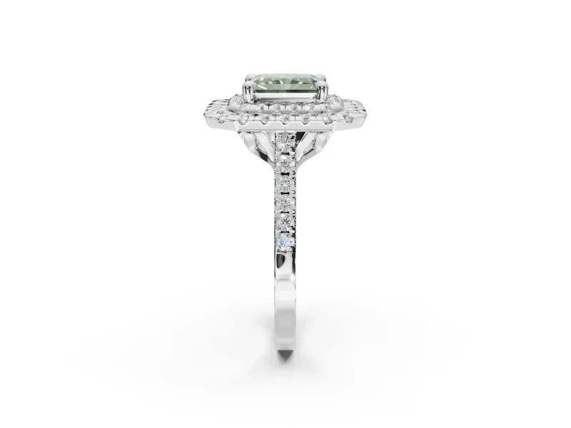Fancy Green Radiant Cut Lab-Grown Diamond Double Halo Statement Ring Set in Sterling Silver with Pavé Band