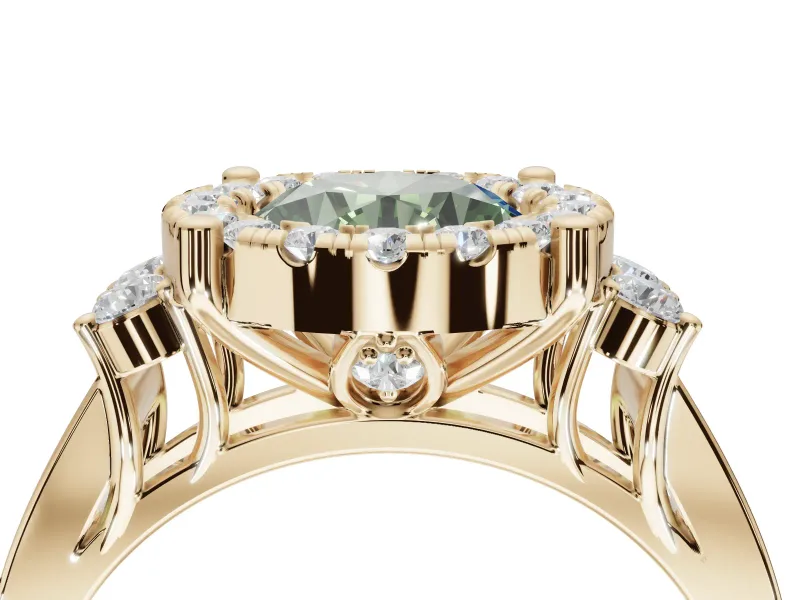Round Halo Engagement Ring Setting for a Fancy Green Lab-Grown Diamond | Side Clusters | Yellow Gold