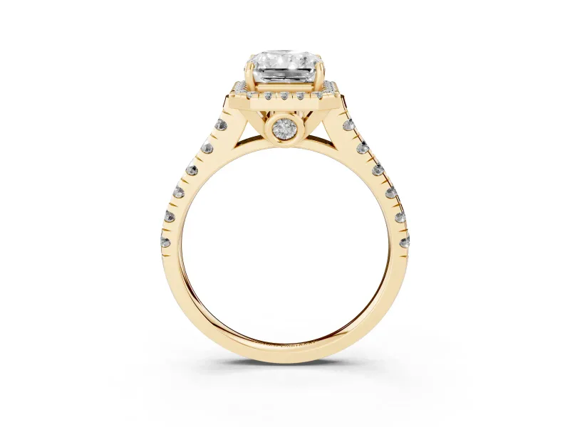 Radiant Cut Halo Engagement Ring Setting | Shared Prong Shoulders | Yellow Gold