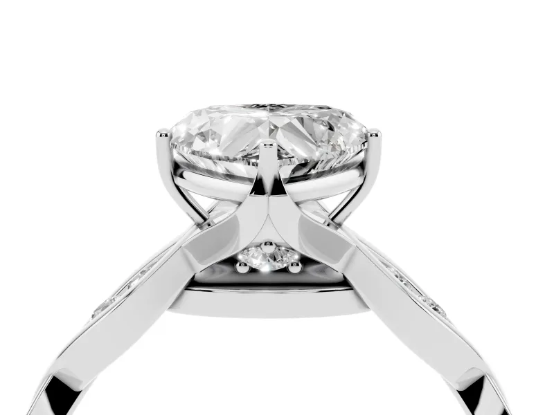 Heart Cut Diamond Twist Band Solitaire Ring Set in Platinum with Leaf Prong Setting and Accent Stones