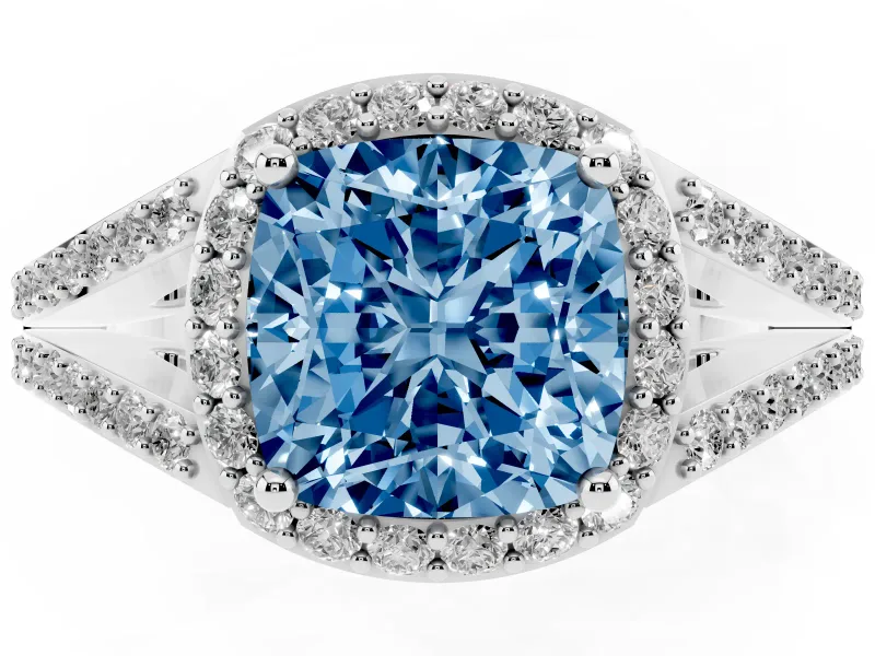 Cushion Cut Split Shank Halo Engagement Ring Setting for a Fancy Blue Lab-Grown Diamond | Platinum