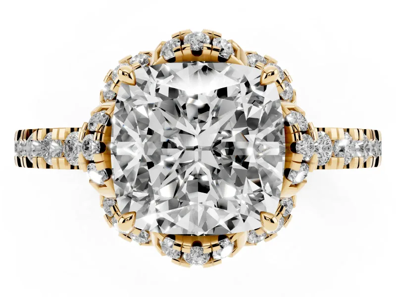 Cushion Cut Floral Petal Halo Engagement Ring Setting | Pavé Band | Yellow Gold