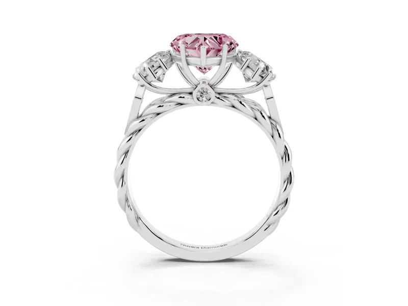 Heart-Shaped Three Stone Engagement Ring Setting for a Fancy Pink Lab-Grown Diamond | Braided Band | Platinum