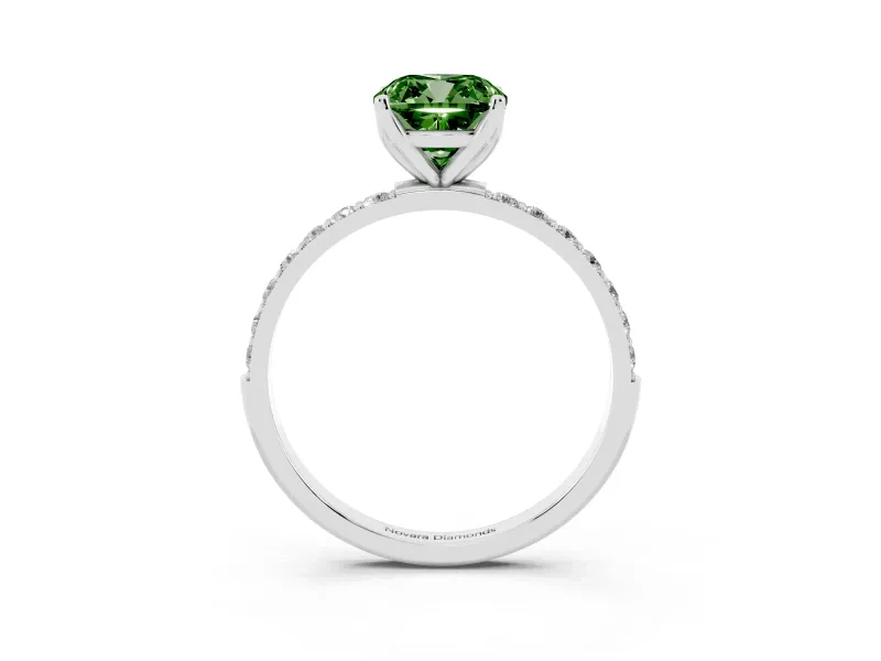 Fancy Green Cushion Cut Diamond Solitaire Engagement Ring Set in Platinum with Round Pavé Band and Prong Setting